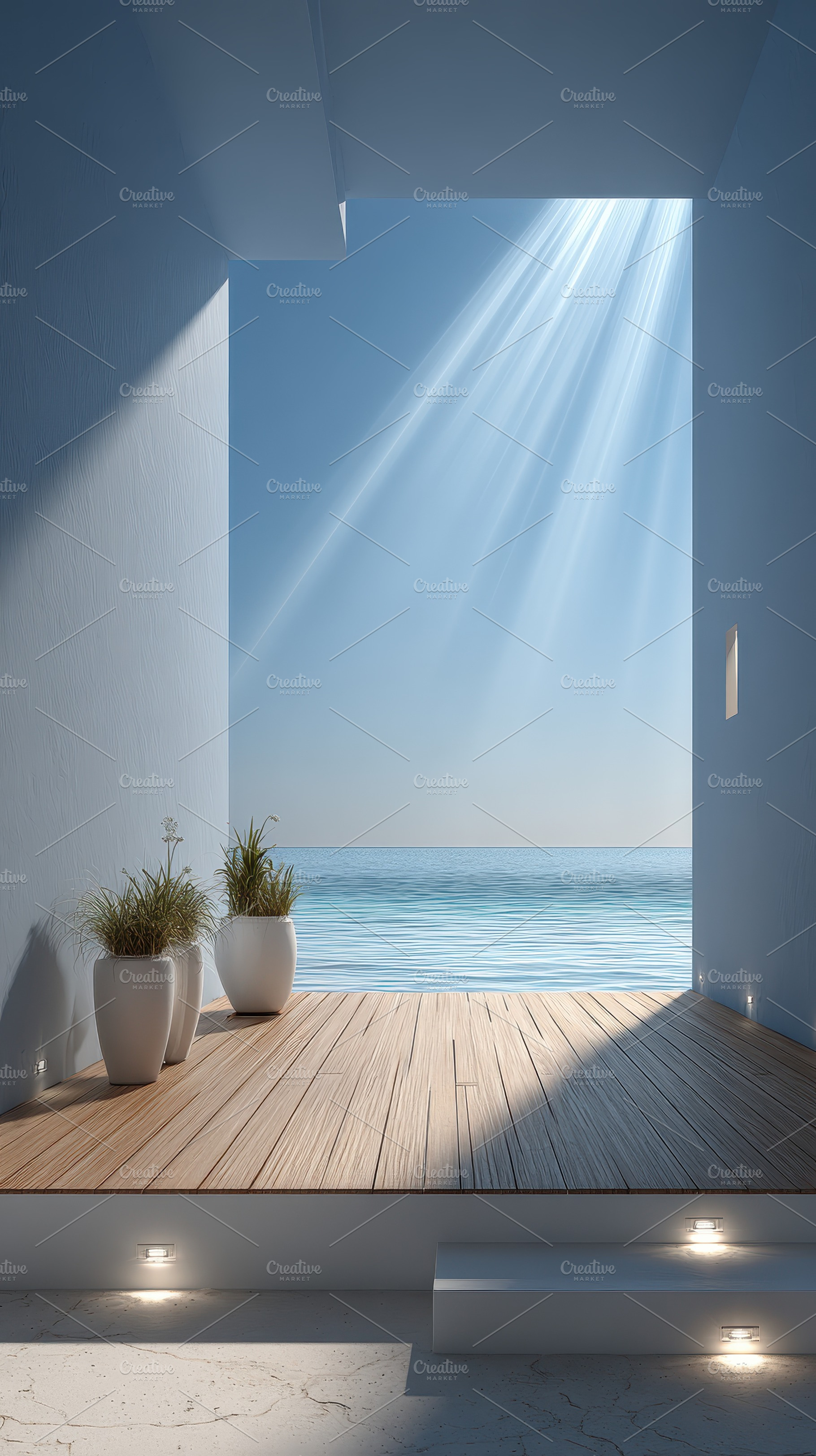 Serene Ocean View Minimalist Patio D, a Photo by Pixeness Studio