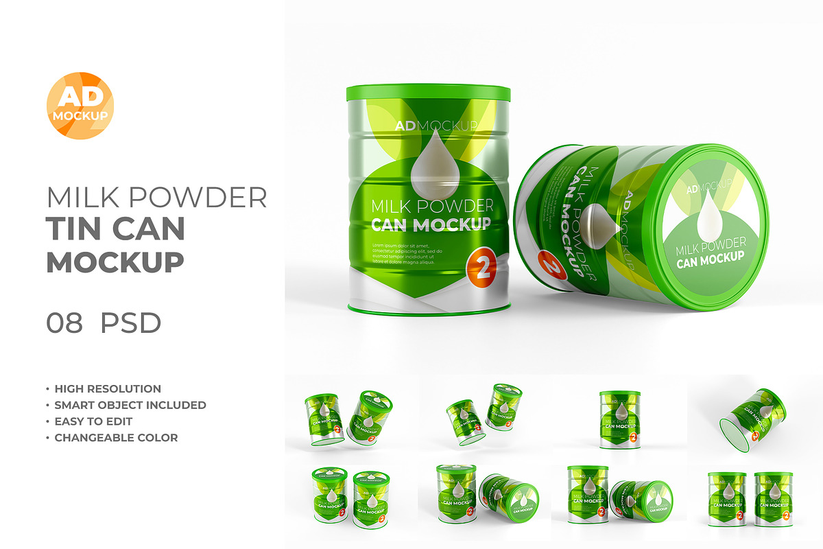Milk Powder Tin Can Mockup – 8 PSD, a Packaging Mockup by Adstart (Photo 1 of 8)