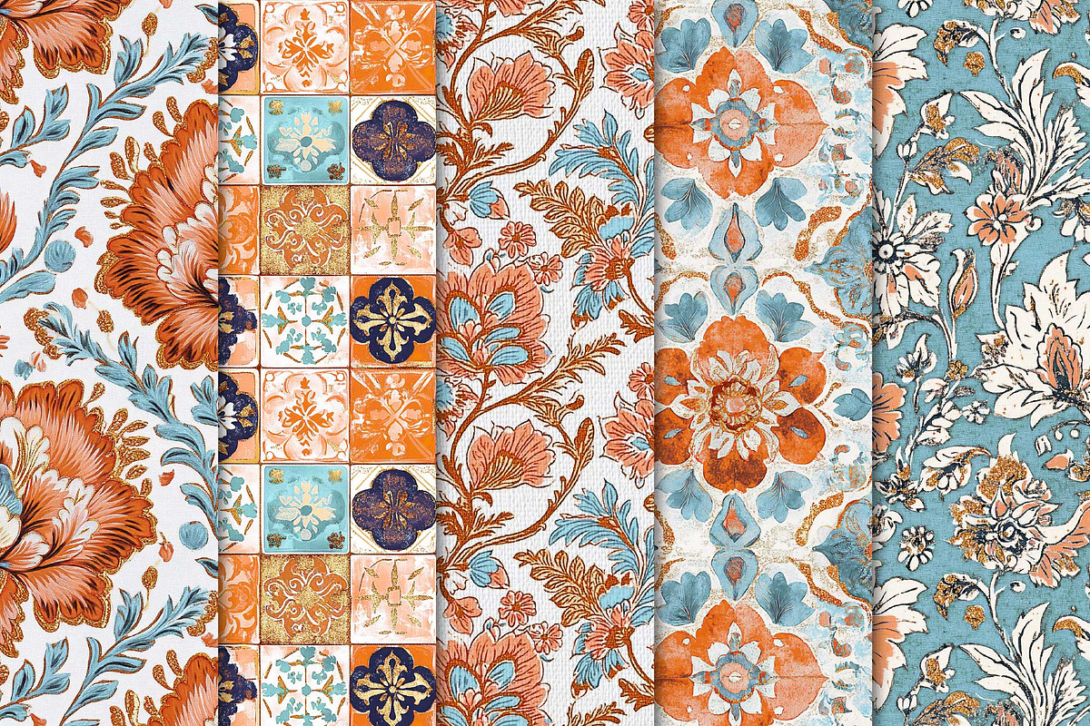 Floral Block Print Style Patterns, a Pattern Graphic by Maishop