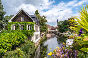 House covered with green ivy by the canal Strasbourg, France, an Architecture Photo by GoodGoods