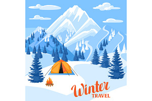 Winter Trawel Illustration. Beautiful Landscape With Camp, Snowy Mountains And Fir Forest