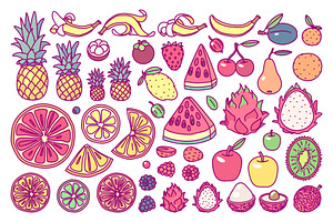 vector cute drawn fruits set