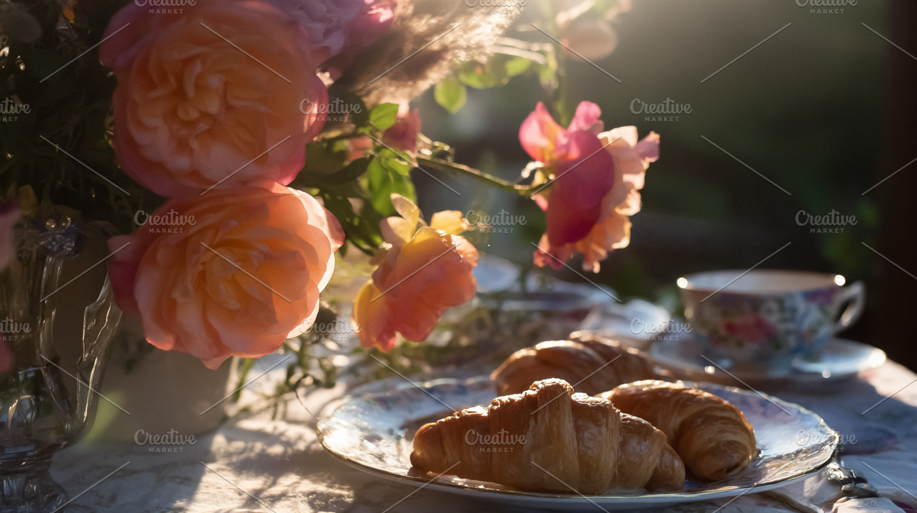 Croissants and tea on a garden table during a peaceful morning b, a Photo by Studio ANNA
