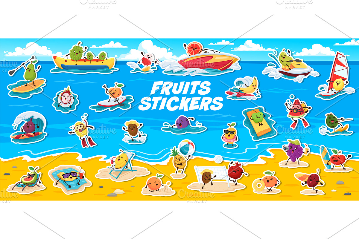 Cartoon fruit characters on vacation, a Food Illustration by Buch&Bee