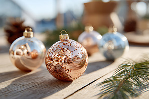 Decorative Christmas ornaments on wooden table, a Holiday Photo by AlyaAnd