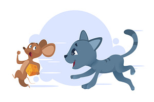Cat and mouse. happy kitten running, an Animal Illustration by Onyx