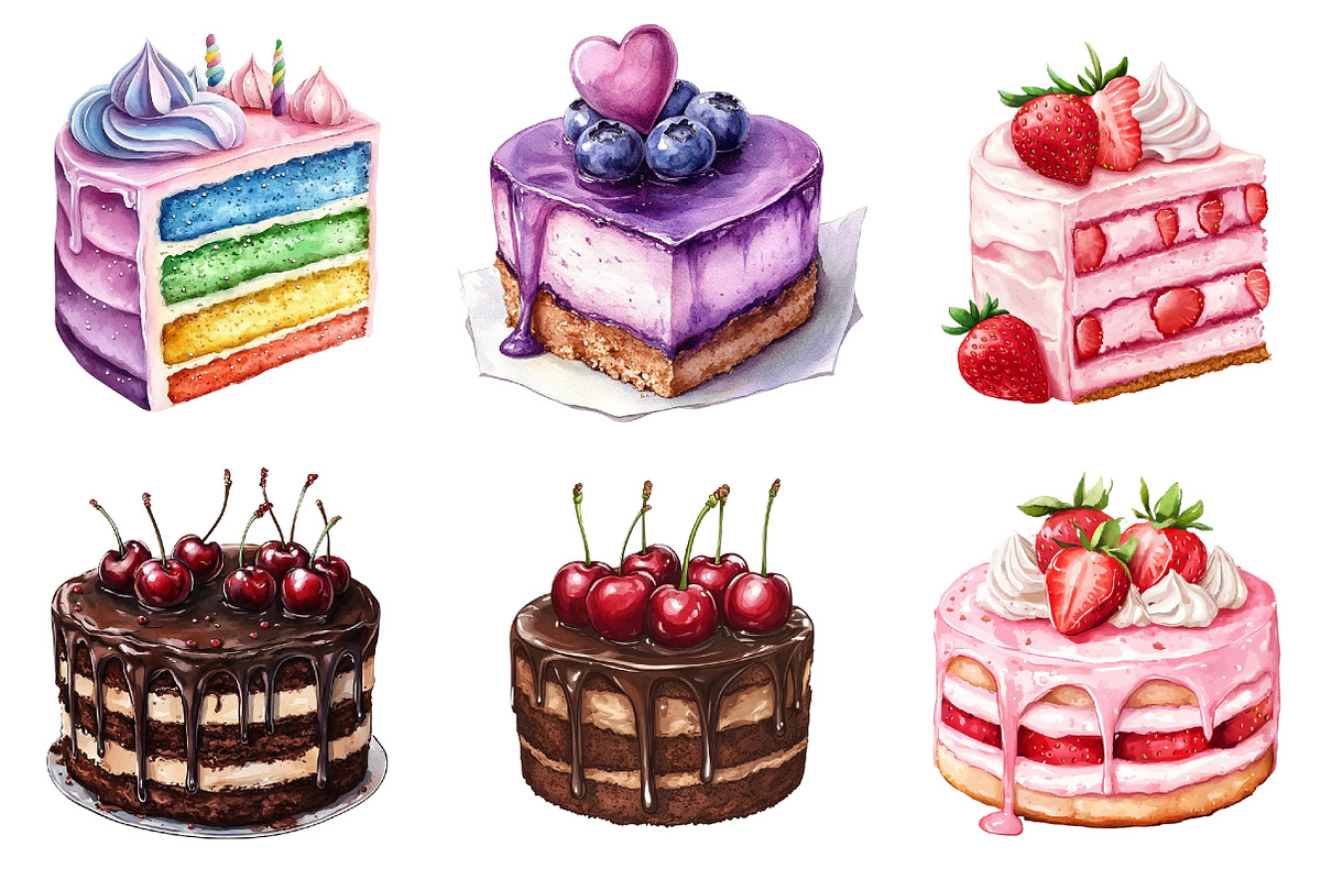 Watercolor Cake Clipart PNG, an Illustration by Watercolor design (Photo 5 of 5)