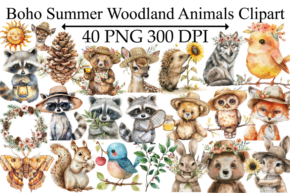 Boho Summer Woodland Animals Clipart, an Illustration by Design Market (Photo 1 of 4)