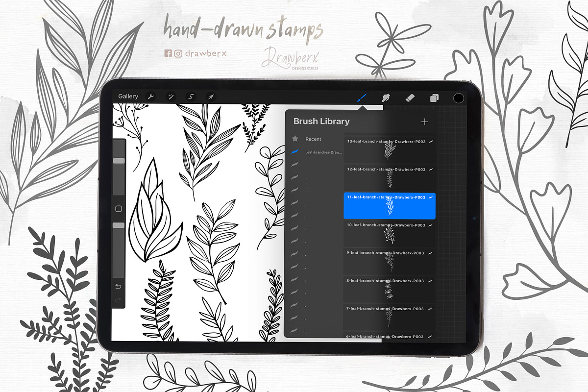 Leaves & Branches Stamp Brushes 003, a Brush Add-On by Drawberx (Photo 2 of 5)