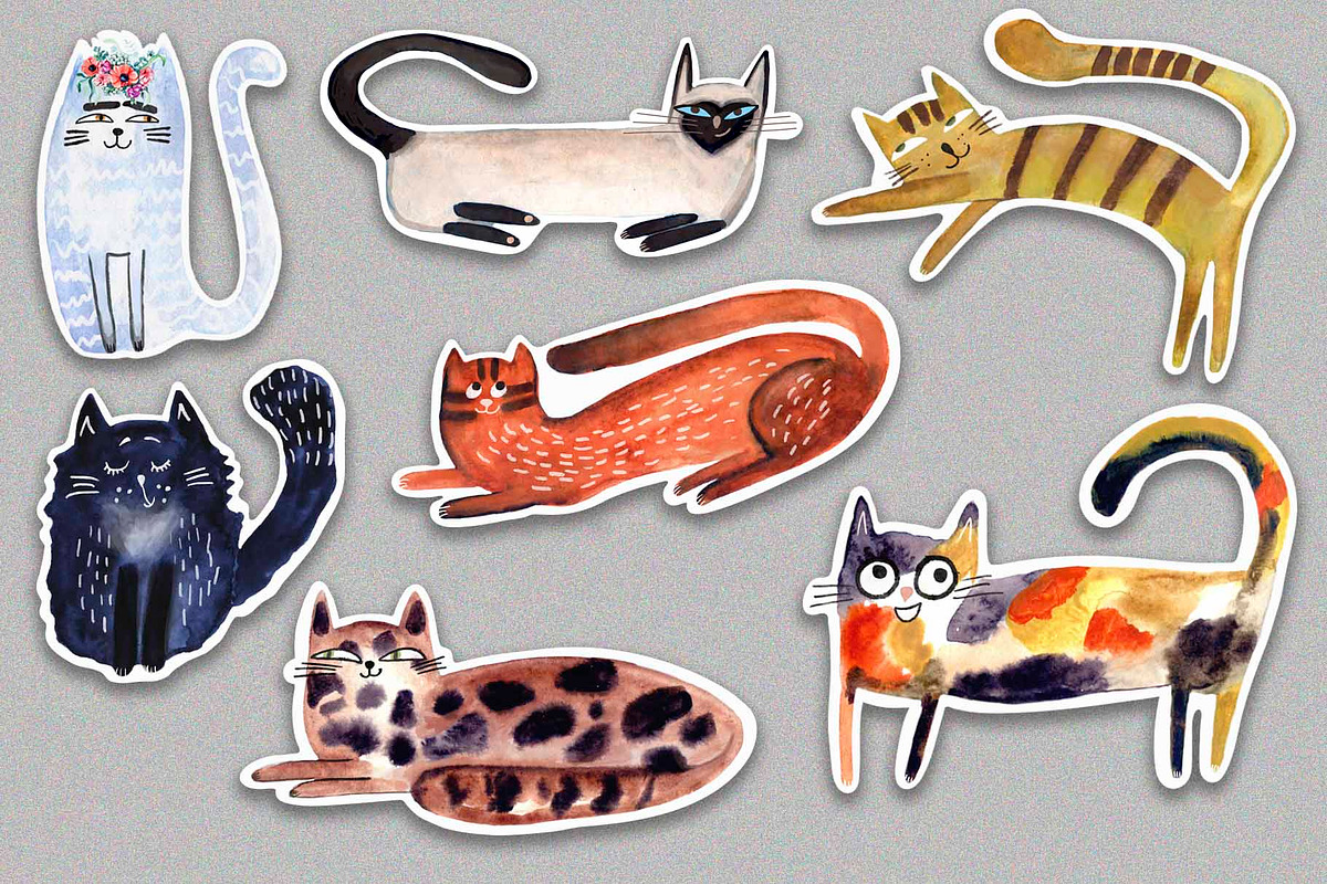 Watercolor funny cats sticker pack, an Object Graphic by NataLyaroArt (Photo 3 of 6)