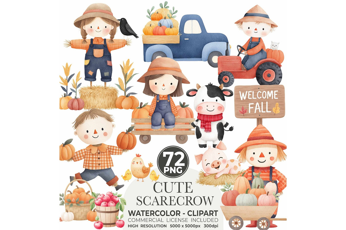 Watercolor Scarecrow Clipart Fall, an Illustration by CharmClipart (Photo 1 of 9)