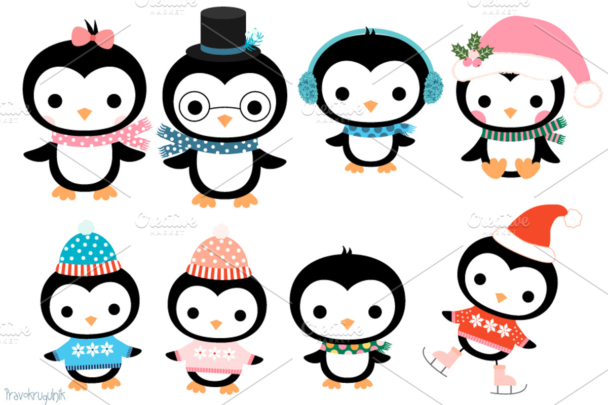 Kawaii penguin family clipart set, an Illustration by Pravokrugulnik (Photo 3 of 3)