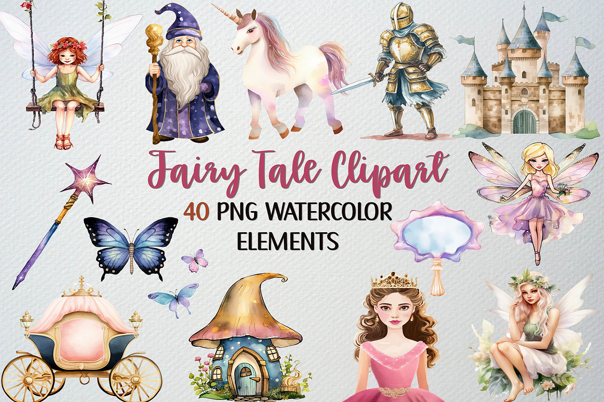 Watercolor Fairy Tale Clipart,40 PNG, an Illustration by CropUp Creative (Photo 1 of 5)