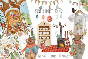 Winter Forest Friends, an Animal Illustration by Kattypainting