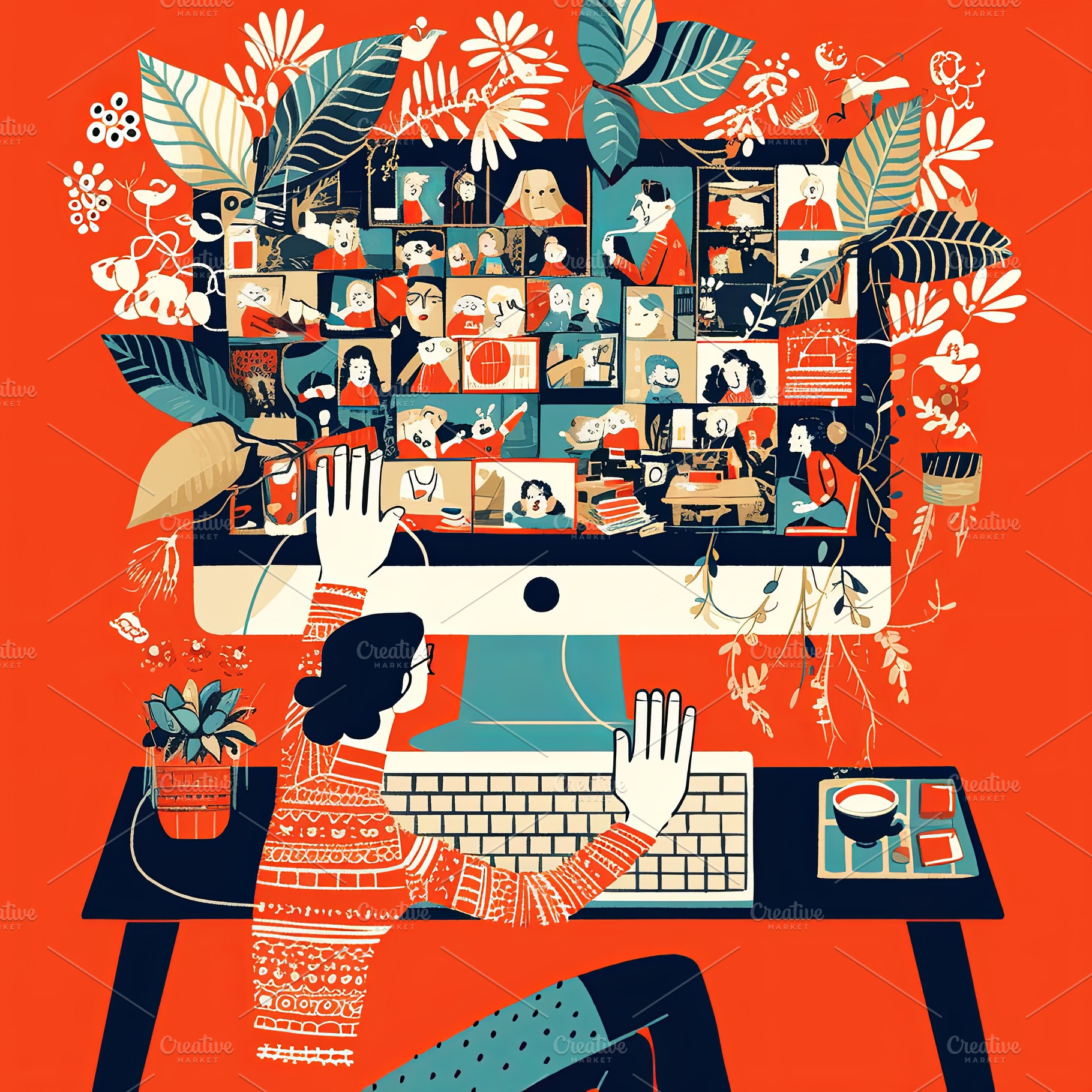 Person engaging in an artistic virtual video call on a colorful screen, a Photo by AS photostudio