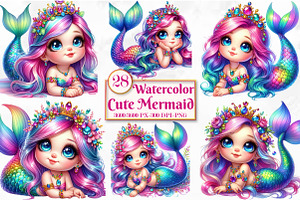 Watercolor Cute Mermaid Clipart, a Seasonal Illustration by Craft Nest