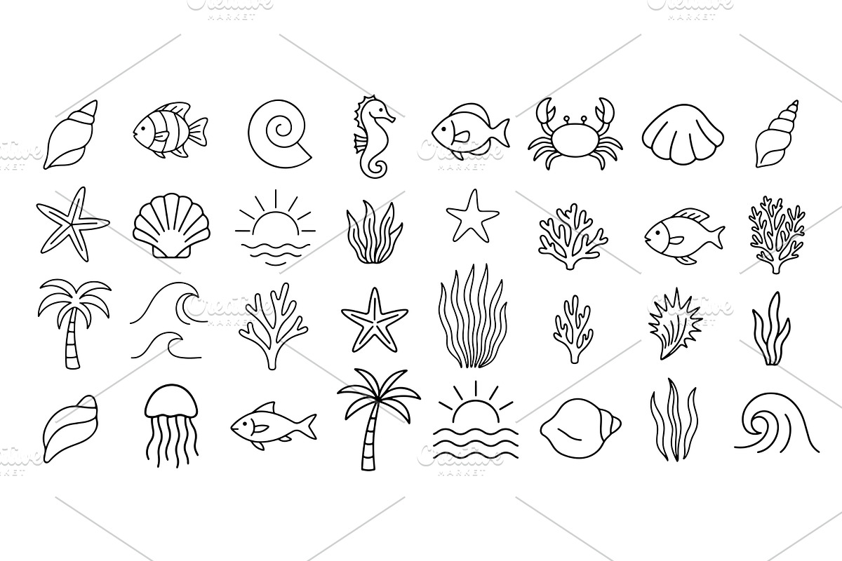 Sea life doodle icons, an Animal Illustration by Lemberg Vector