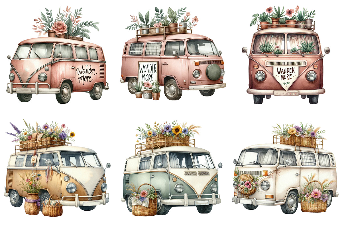 Hippie Car for Summer Watercolor PNG, an Illustration by Pixels.Craft (Photo 2 of 8)