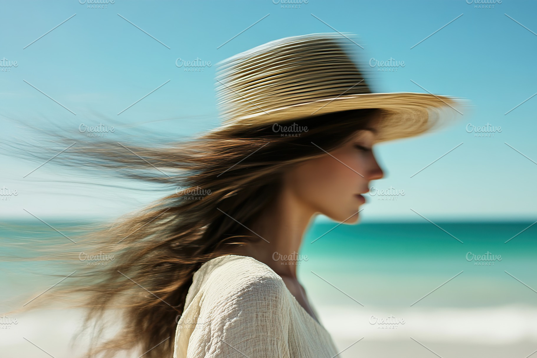 Woman walking along a sunlit beach with a straw hat on a summer day, a Person Photo by AlyaAnd