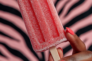 Bright red popsicle held by a hand with glossy coral nails again, a Photo by José Manuel Gelpi