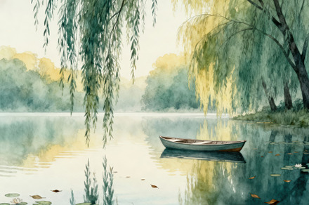 Serene Watercolor Lake Wallpaper, a Decorative Illustration by Virgo Studio