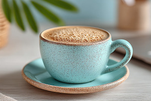 Turquoise Coffee Cup with Frothy Cappuccino on Desk in Modern Ho, a Food & Drink Photo by José Manuel Gelpi