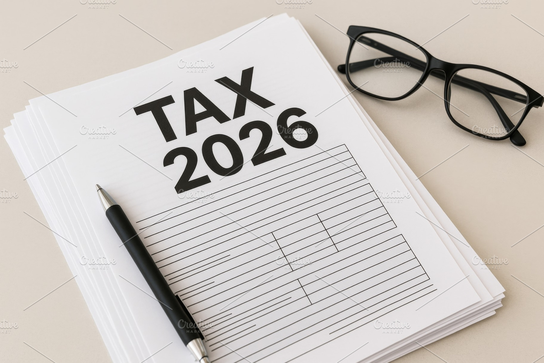 Tax 2026 concept with pen and glasse, a Photo by Dvoevnore photos