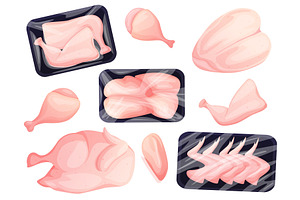 Chicken parts. Cartoon plastic trays, a Food Illustration by LadadikArt