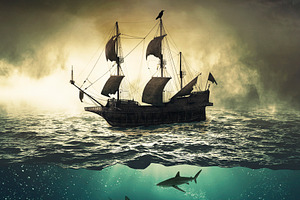 Sailing ship with sharks underwater