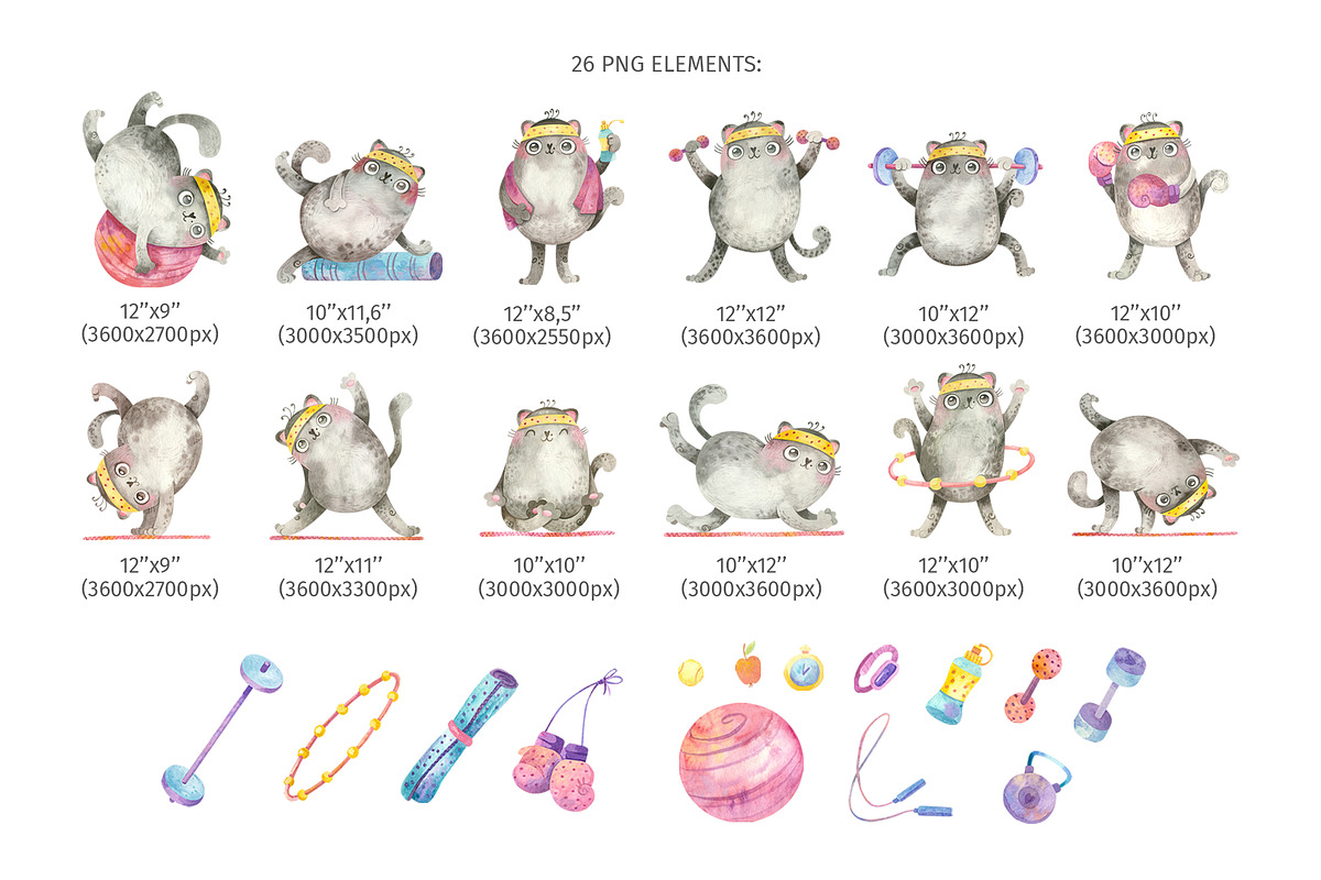 Fitness & Yoga Cats clipart set, an Animal Illustration by Valin Malin (Photo 2 of 14)