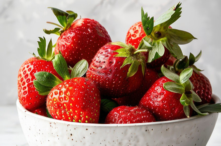 A bowl filled with juicy red strawbe, a Photo by LOGOCREATIVE