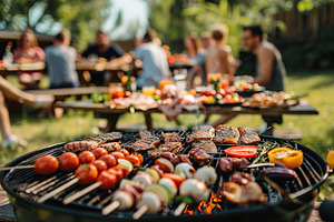 Barbecue grill with different kinds of meat on group of young friends backgroun, a Food & Drink Photo by AlyaAnd