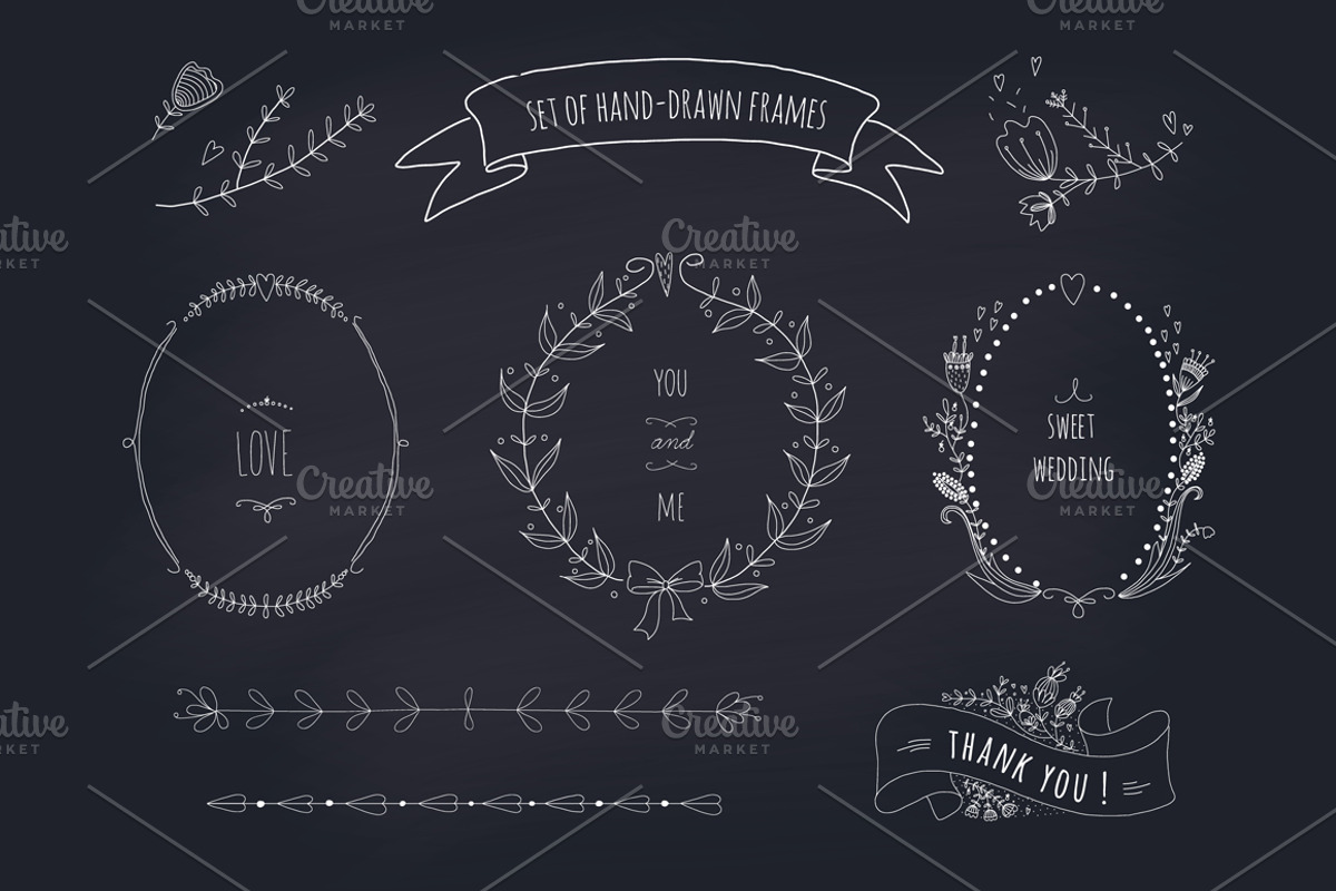 Set of hand drawn floral elements