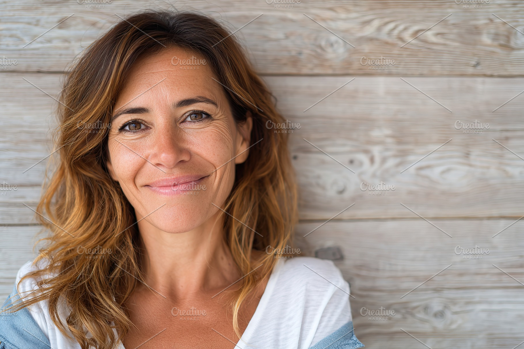 Smiling woman with long hair posing against rustic wooden backdrop in natural l, a Person Photo by AlyaAnd