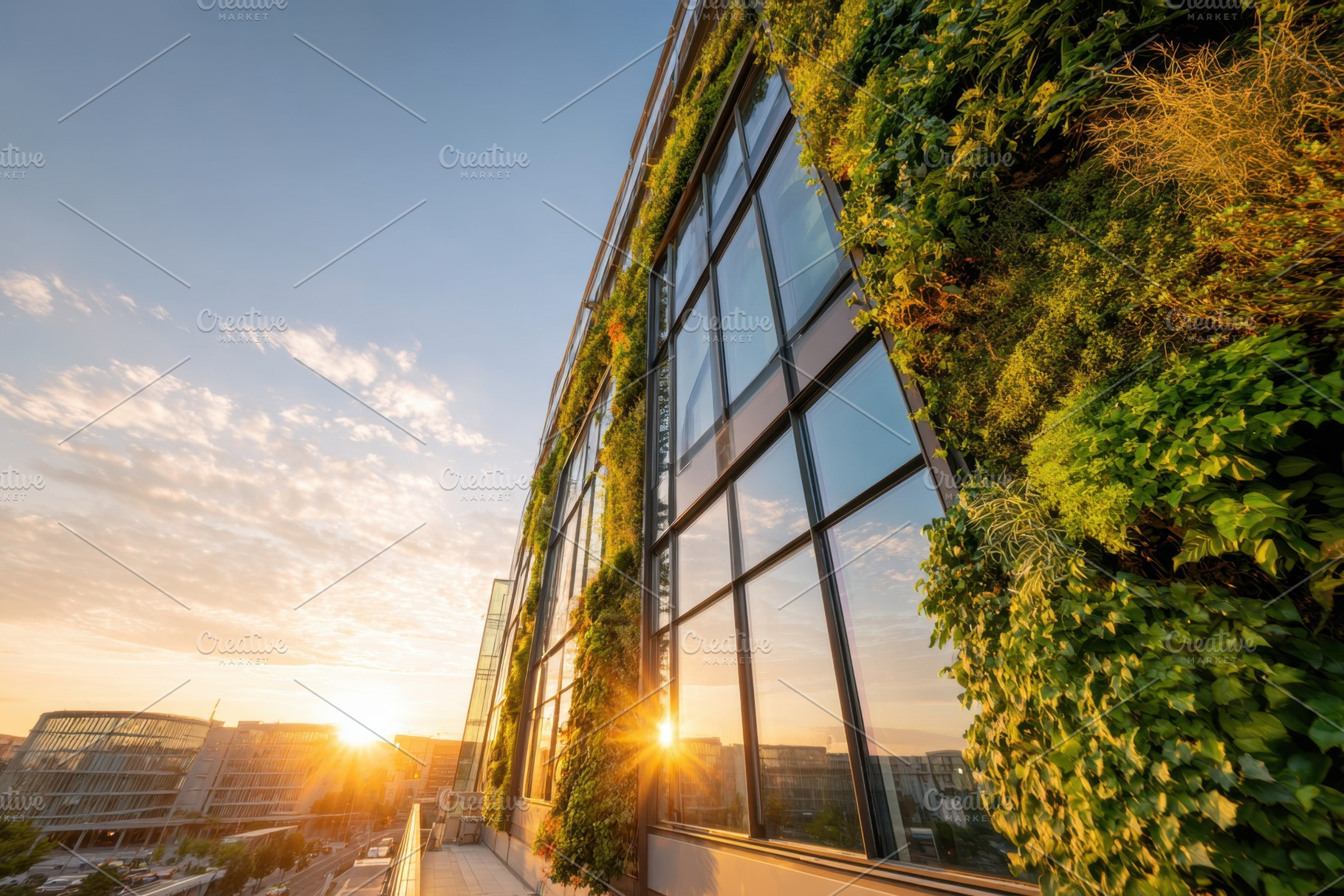 Modern building with vertical garden at sunset, a Nature Photo by AlyaAnd