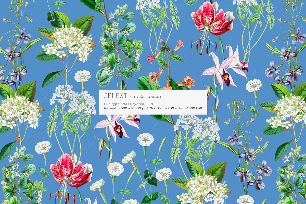 Blue Vintage Botanical Pattern, a Pattern Graphic by likorbut (Photo 2 of 14)