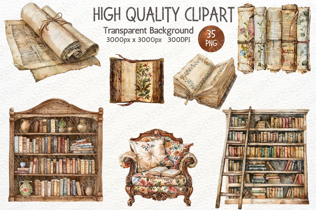 Watercolor Vintage Library Clipart, an Illustration by Maysa Art (Photo 4 of 6)