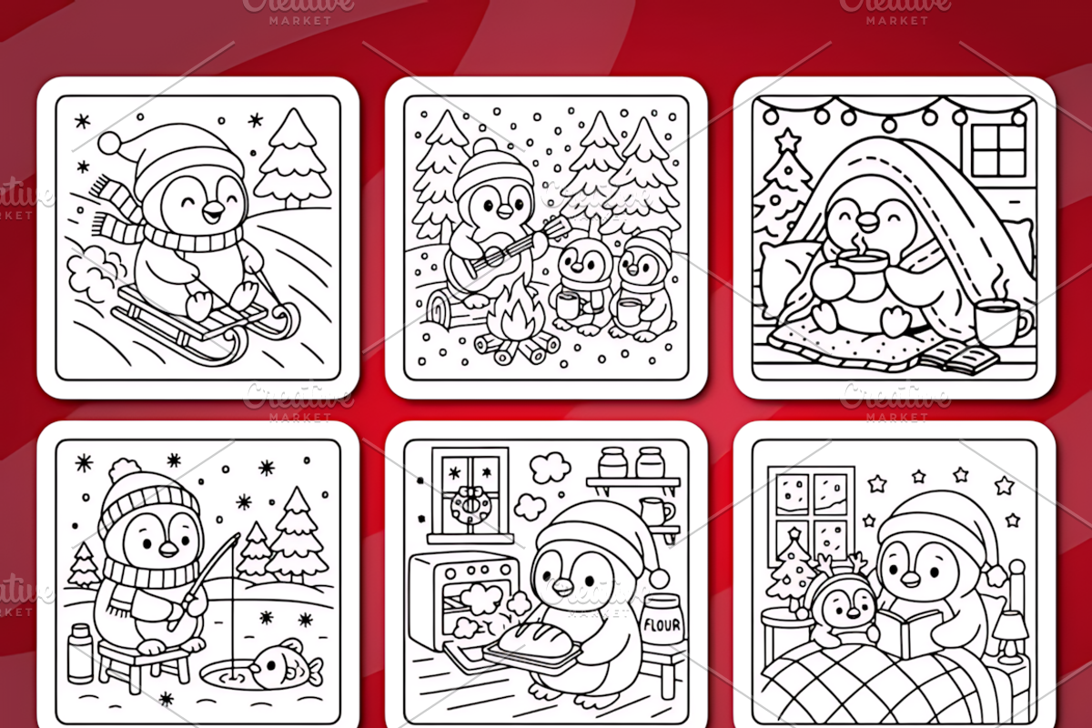 Winter Penguin Coloring Pages, a Seasonal Illustration by Coco Bloom (Photo 3 of 3)