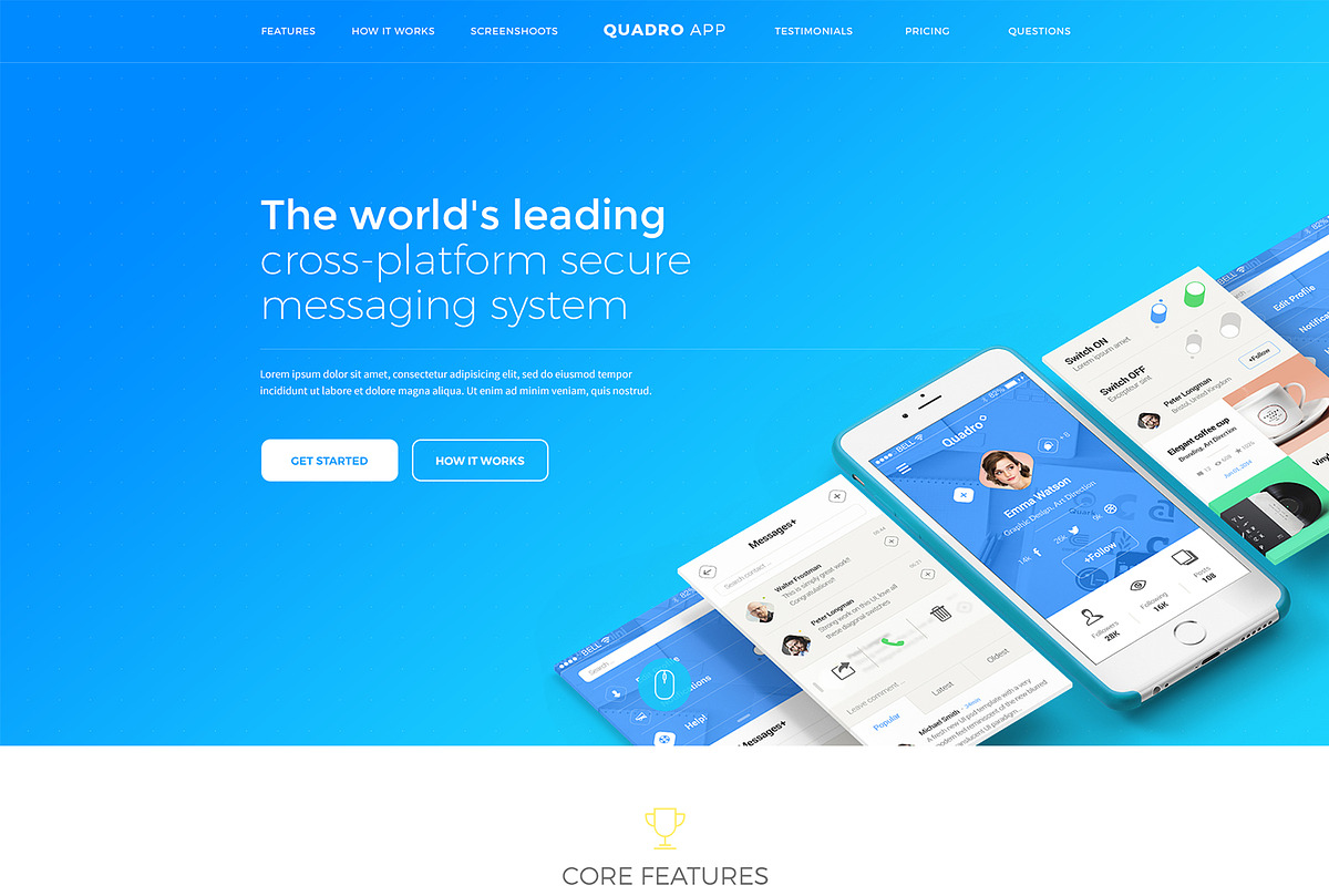 Quadro App - Mobile App PSD Template, a Landing Page Template by Spartak Vee (Photo 4 of 10)