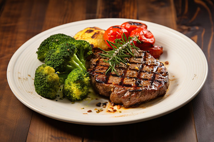 Grilled meat steak with vegetables in plate on wooden background, a Food & Drink Photo by AlyaAnd