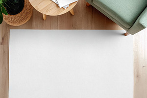 Blank white rug mockup on hardwood floor in a modern living room, a Photo by Studio ANNA