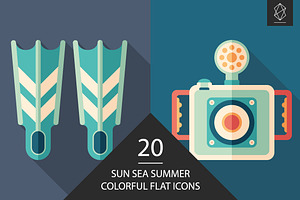 Sun sea summer flat icon set