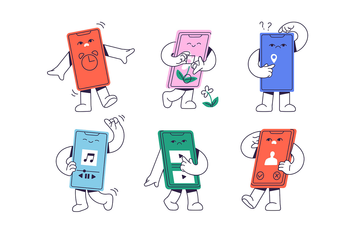 Cute smartphone mascots set, a Technology Illustration by PaperTrident (Photo 5 of 6)