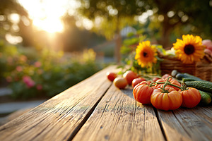 Freshly picked vegetables and sunflowers on a garden table during golden hour, a Food & Drink Photo by AlyaAnd