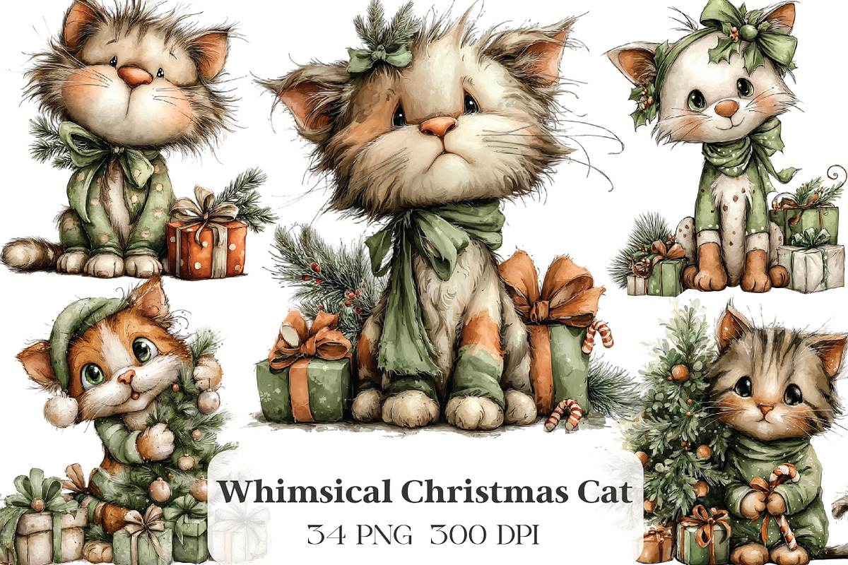 whimsical Christmas cat clipart, an Illustration by CraftArtStudio (Photo 1 of 6)