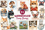 Funny Dog and Cat Postage Stamps, an Illustration by CreationArt (Thumbnail 1 of 9)