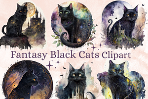 Watercolor Fantasy Black Cat Clipart