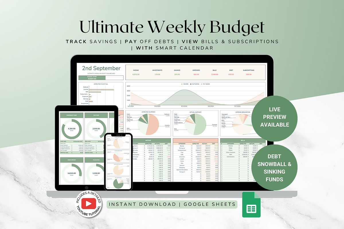 Ultimate Weekly Budget - Green, a Templates & Theme by The Creative Plans co (Photo 1 of 10)