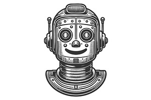 Smiling Retro Robot engraving vector, a Technology Illustration by AlexArt