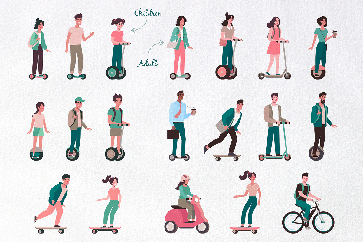 People riding eco electric transport, a Person Illustration by Anna Summer (Photo 2 of 9)